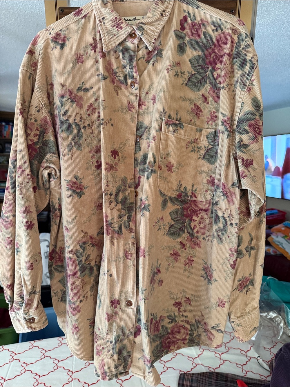 Eddie Bauer Floral Corduroy Shirt Jacket - tan with Pink & Green